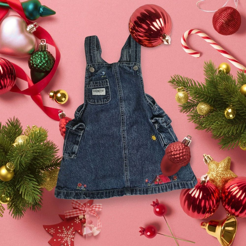 Vintage OshKosh Denim Overall Jumper Dress Embroidered Sunshine Tent Girls 24Mon